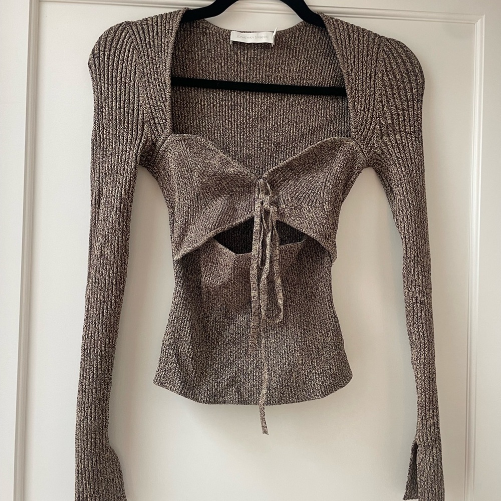 Simkhai Knit Tie-Front Long Sleeve Top in Taupe